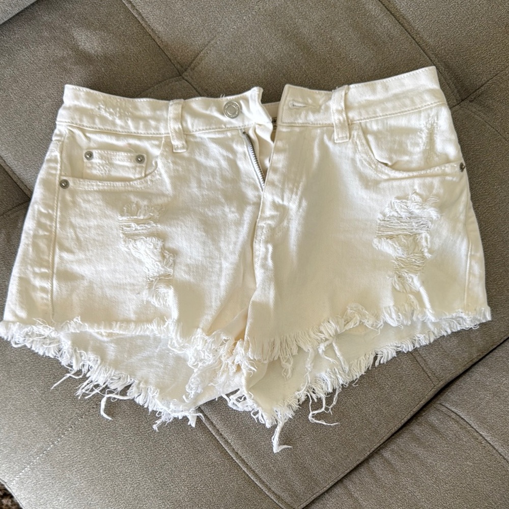 Cream Distressed Jean Shorts with Frayed Hem